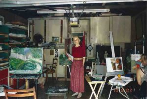 This is a photo taken of Mina’s well known master art teacher Monique Baudaux in her art studio in October 2003. Mina tried most art media until she met Monique, who inspired her to do oil on canvas.